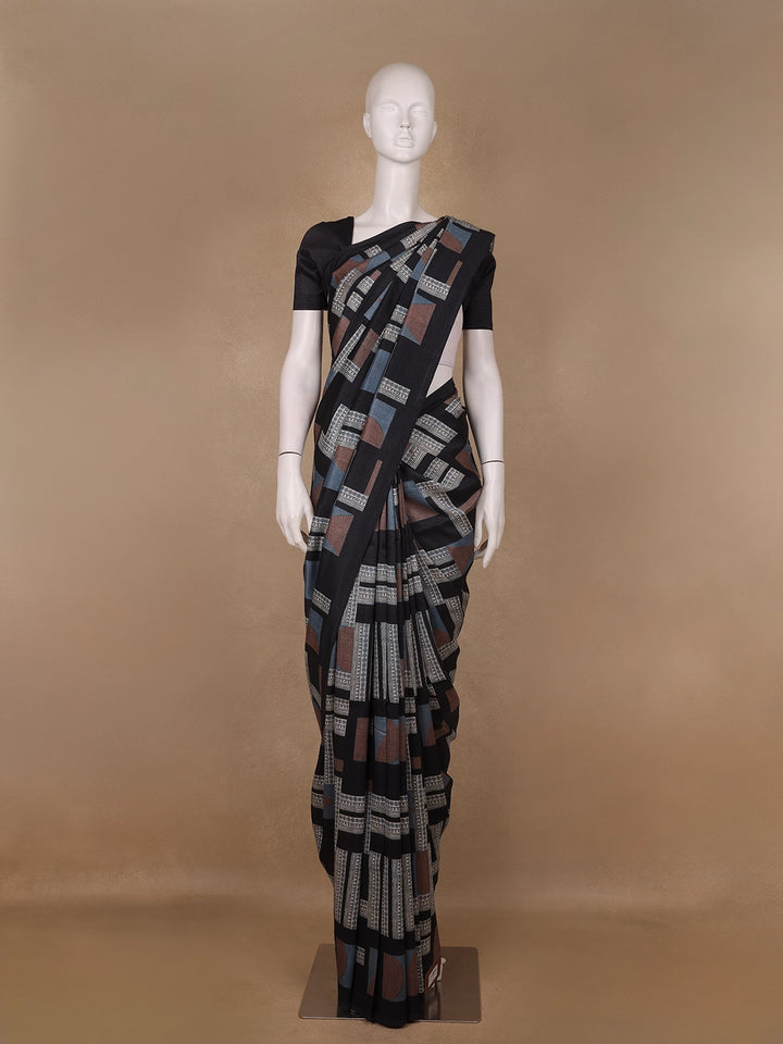 Black Abstract Geometric Printed Semi Tussar Saree - Diadem