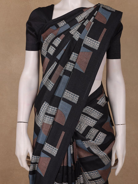 Black Abstract Geometric Printed Semi Tussar Saree - Diadem