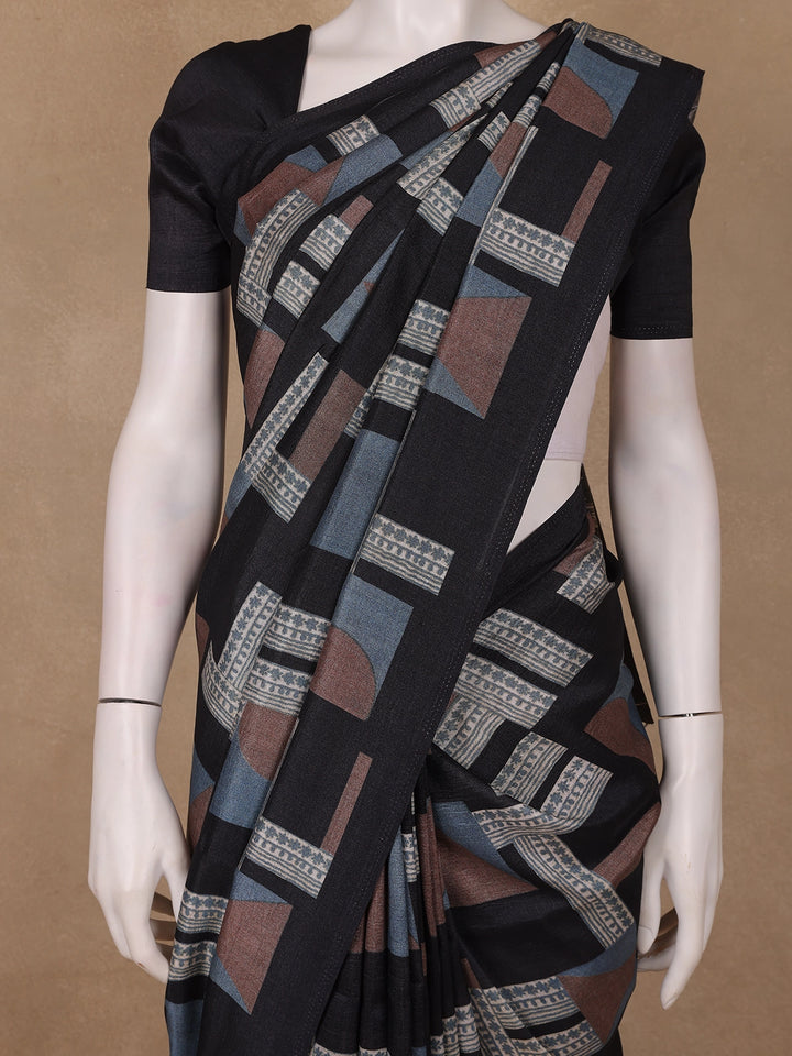 Black Abstract Geometric Printed Semi Tussar Saree - Diadem