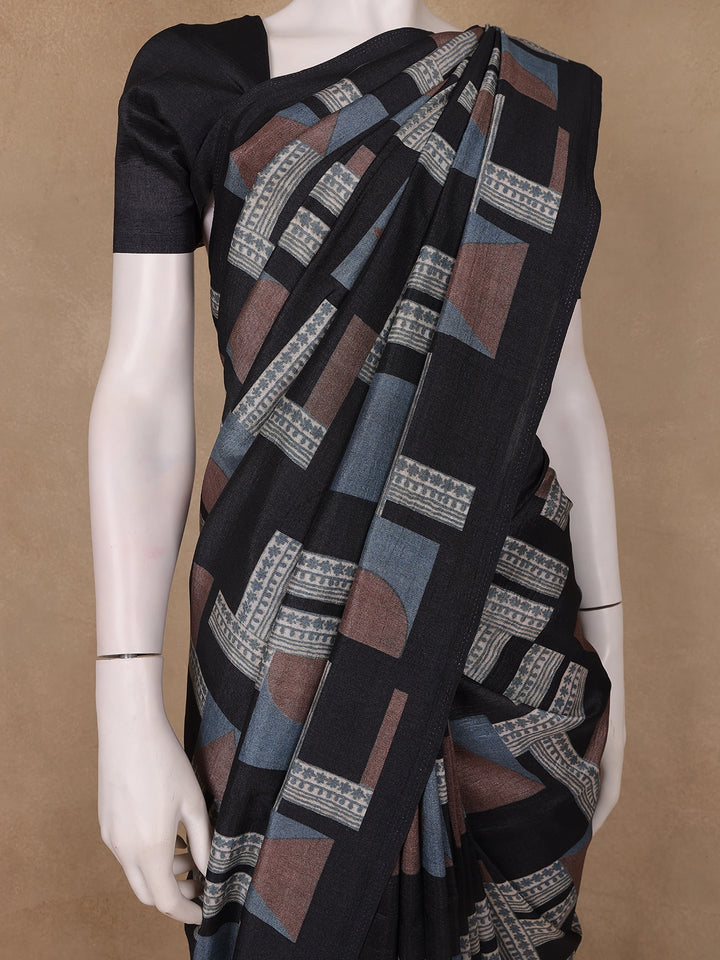 Black Abstract Geometric Printed Semi Tussar Saree - Diadem