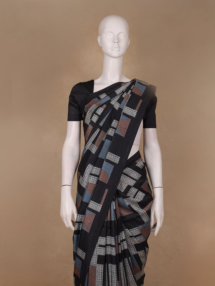 Black Abstract Geometric Printed Semi Tussar Saree - Diadem