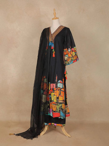 Black Abstract Printed Cotton Salwar Suit - Diadem