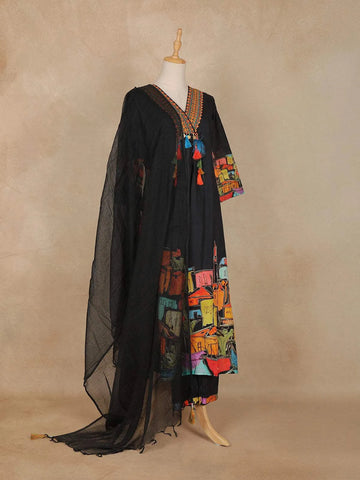 Black Abstract Printed Cotton Salwar Suit - Diadem