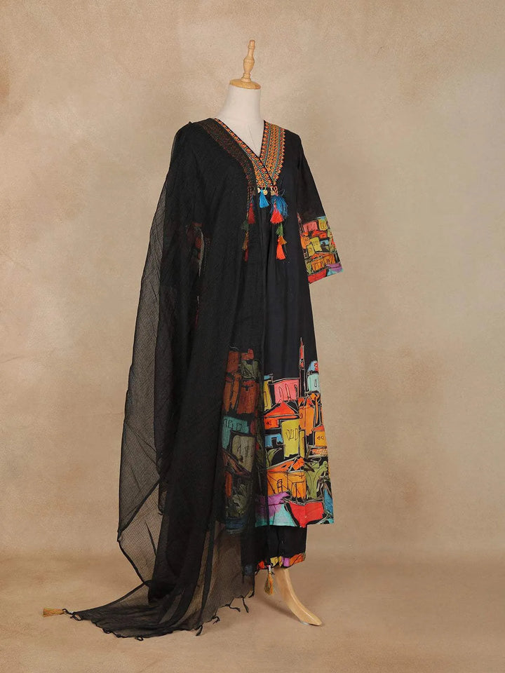Black Abstract Printed Cotton Salwar Suit - Diadem