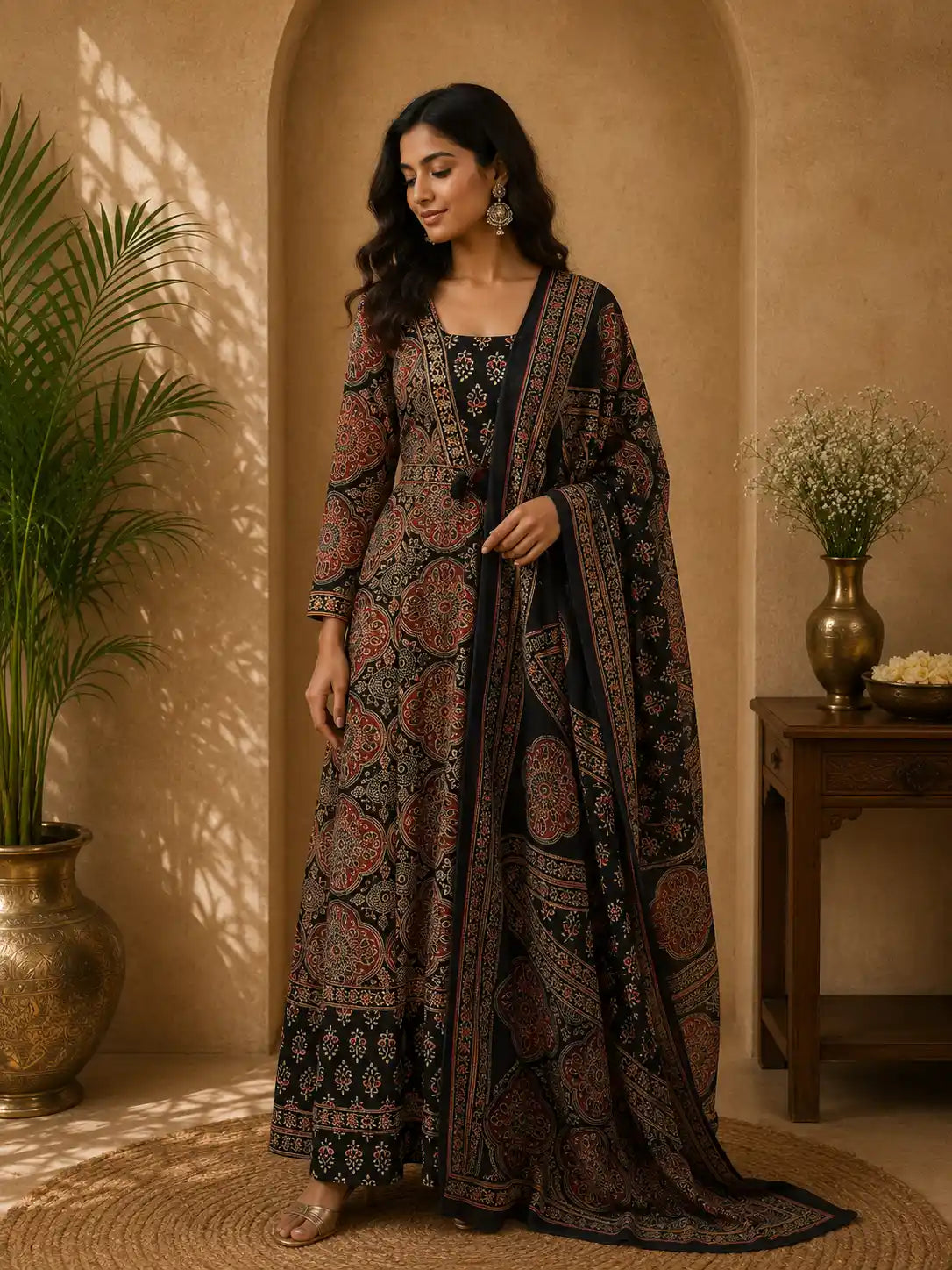 Black Ajrakh Printed Design Cotton Anarkali Salwar Suit with Dupatta
