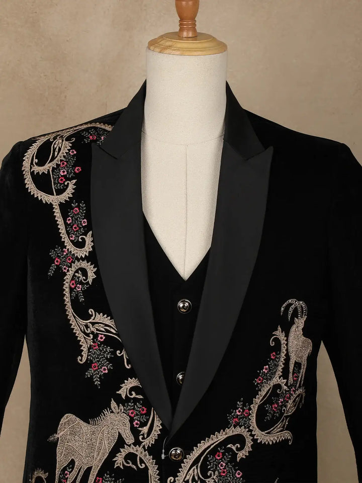 Black Animal Designed Men's Suit - Diadem