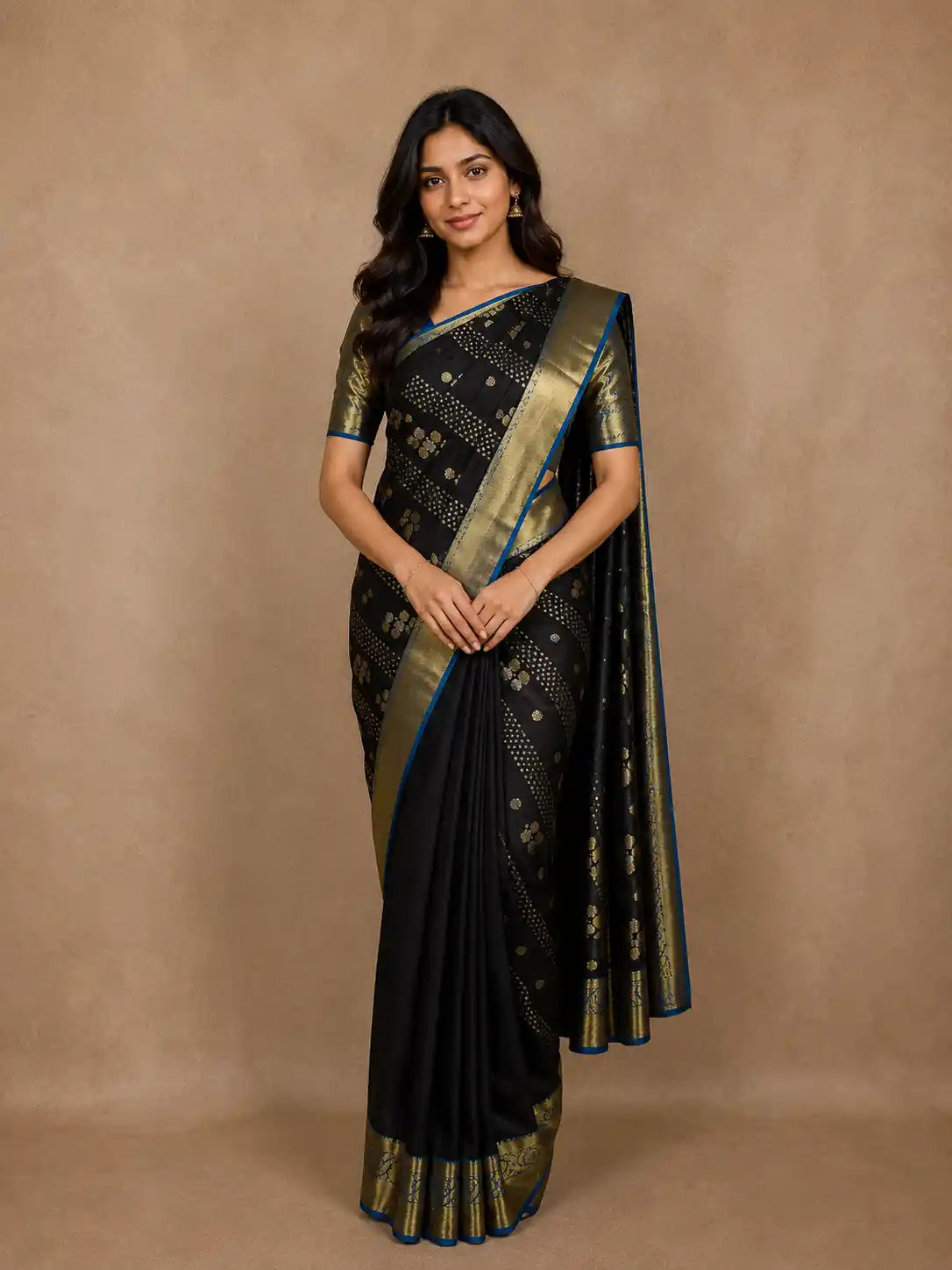 Black Butta Woven Kanchipuram Silk Saree With Blue Zari Border