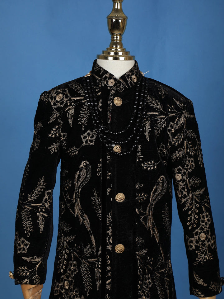 Black Cotton Floral Embroidery Sherwani And Pant Set - Diadem
