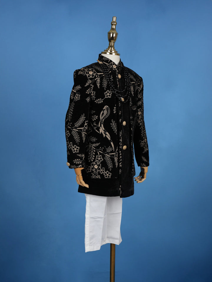 Black Cotton Floral Embroidery Sherwani And Pant Set - Diadem