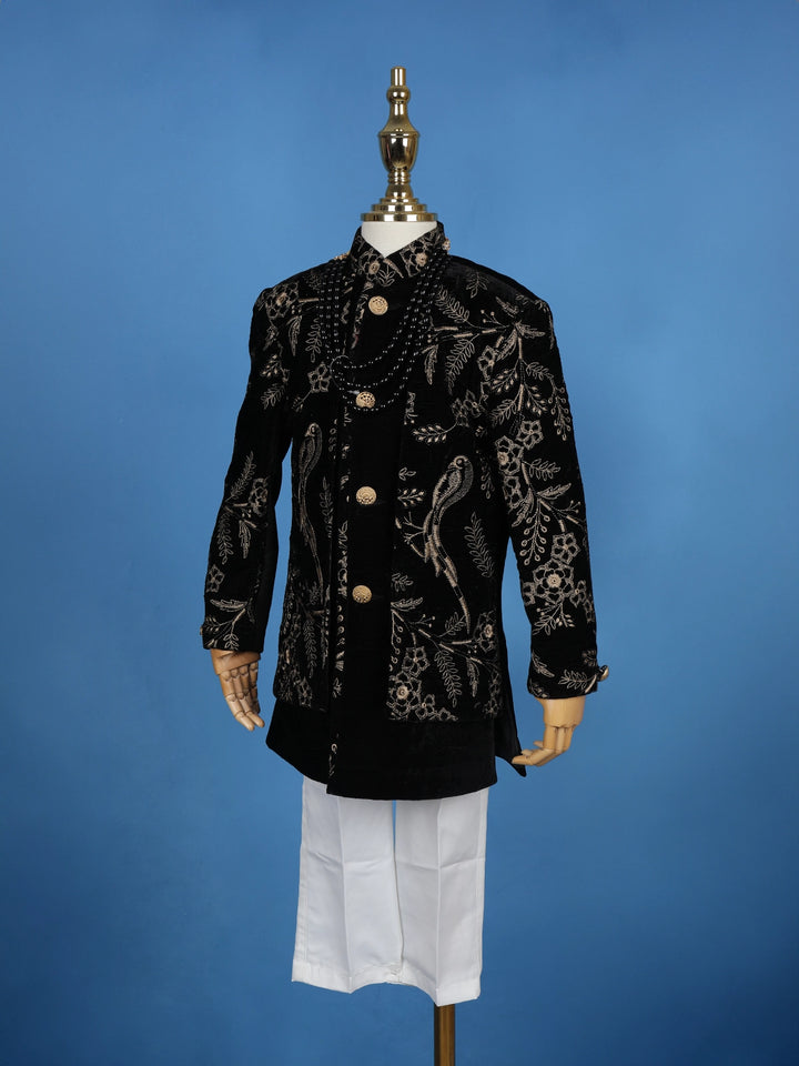 Black Cotton Floral Embroidery Sherwani And Pant Set - Diadem
