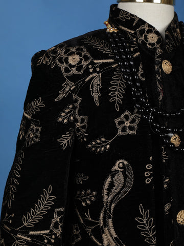 Black Cotton Floral Embroidery Sherwani And Pant Set - Diadem