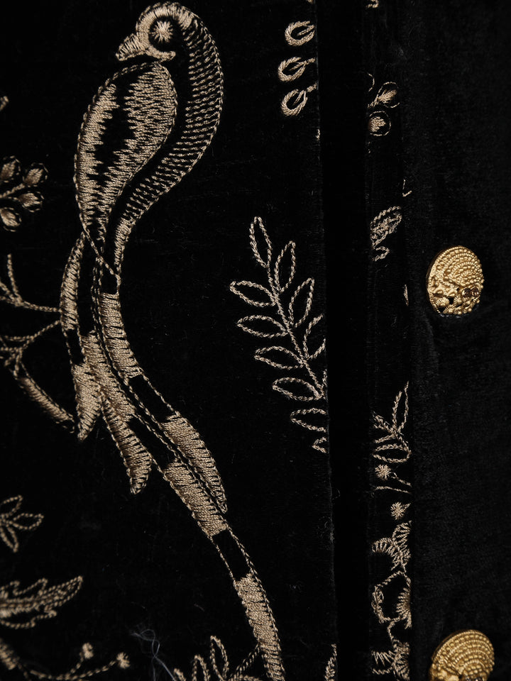 Black Cotton Floral Embroidery Sherwani And Pant Set - Diadem