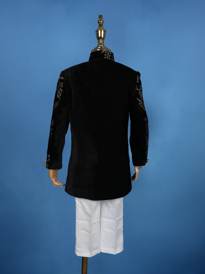 Black Cotton Floral Embroidery Sherwani And Pant Set - Diadem