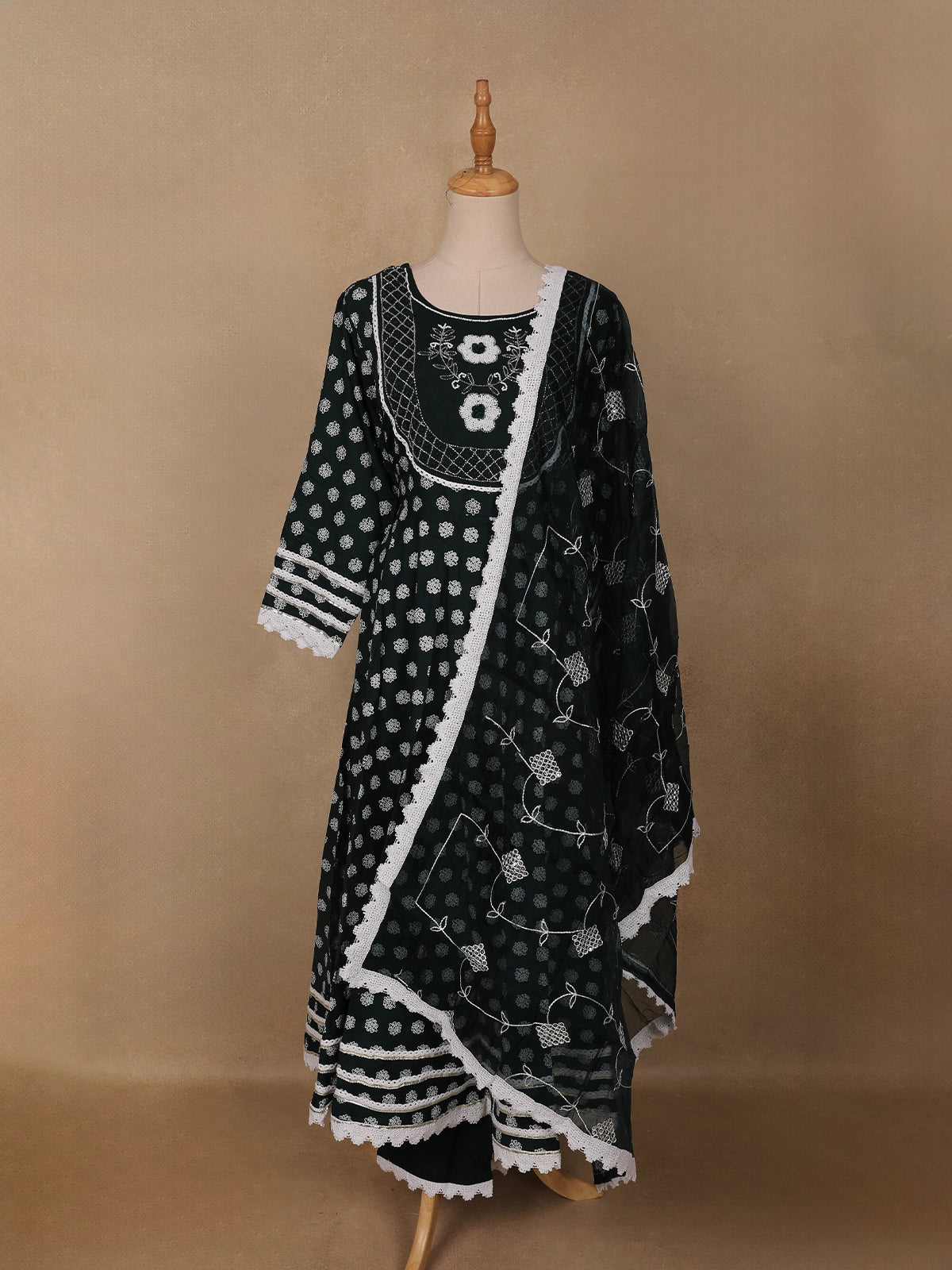 Black Dot Printed Cotton Salwar Suit Set with Lace Detailing - Diadem