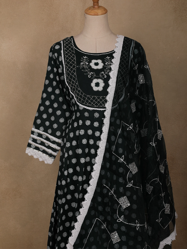 Black Dot Printed Cotton Salwar Suit Set with Lace Detailing - Diadem