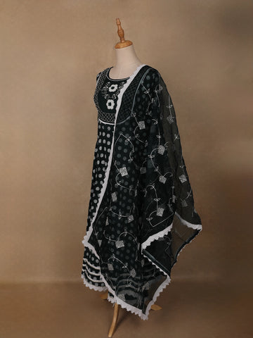 Black Dot Printed Cotton Salwar Suit Set with Lace Detailing - Diadem