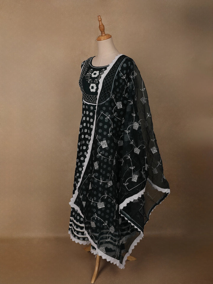 Black Dot Printed Cotton Salwar Suit Set with Lace Detailing - Diadem