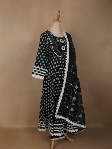 Black Dot Printed Cotton Salwar Suit Set with Lace Detailing - Diadem