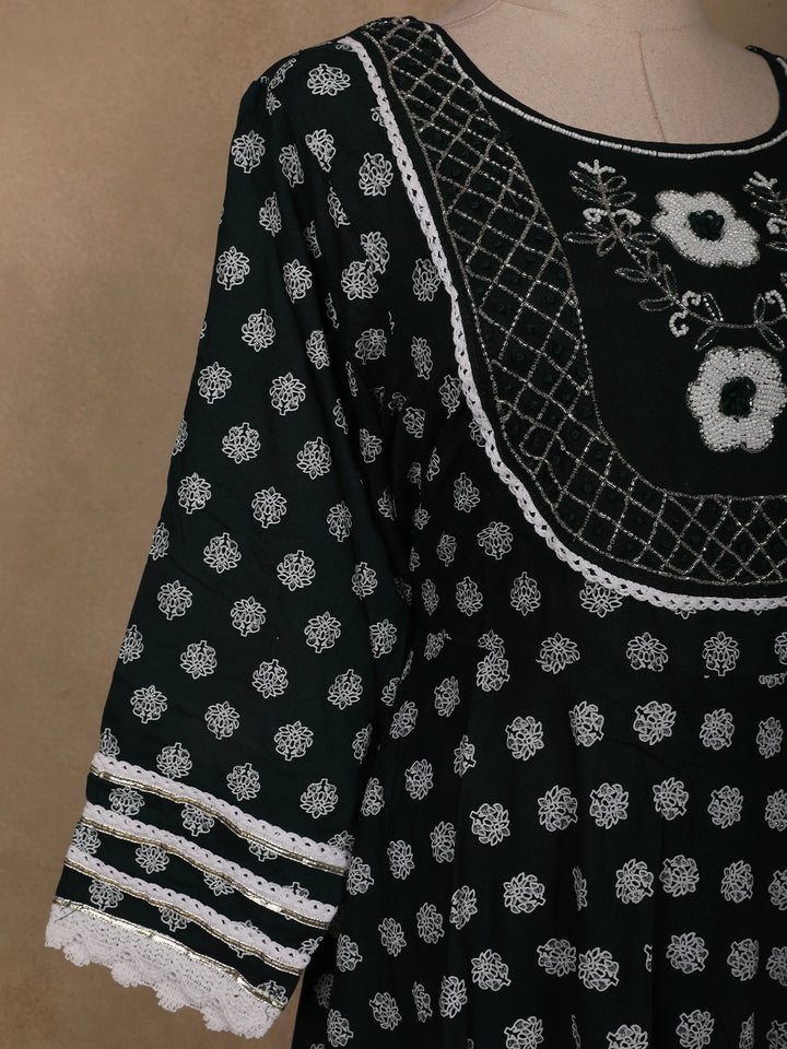 Black Dot Printed Cotton Salwar Suit Set with Lace Detailing - Diadem