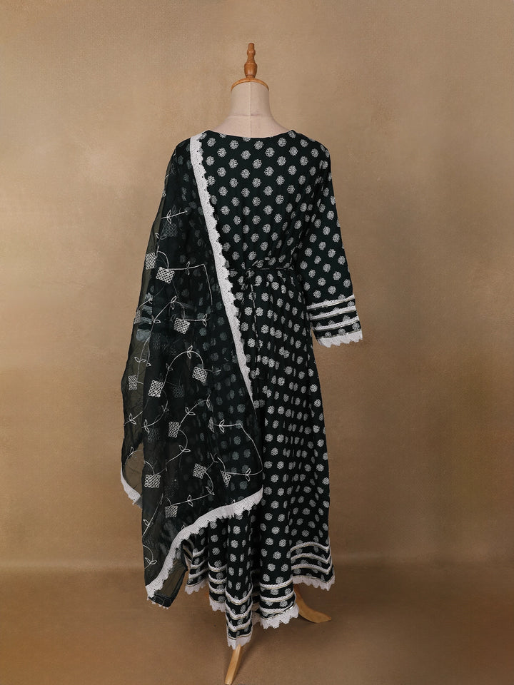 Black Dot Printed Cotton Salwar Suit Set with Lace Detailing - Diadem