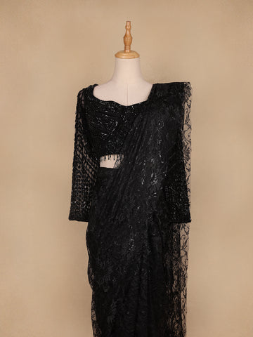 Black Embroidery Lace Ready To Wear Saree with Designer Blouse - Diadem