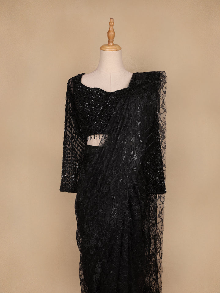 Black Embroidery Lace Ready To Wear Saree with Designer Blouse - Diadem