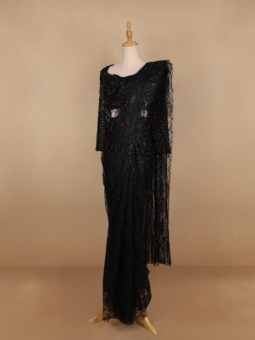 Black Embroidery Lace Ready To Wear Saree with Designer Blouse - Diadem