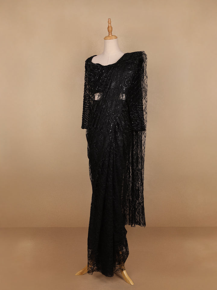 Black Embroidery Lace Ready To Wear Saree with Designer Blouse - Diadem
