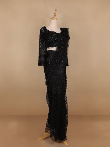 Black Embroidery Lace Ready To Wear Saree with Designer Blouse - Diadem