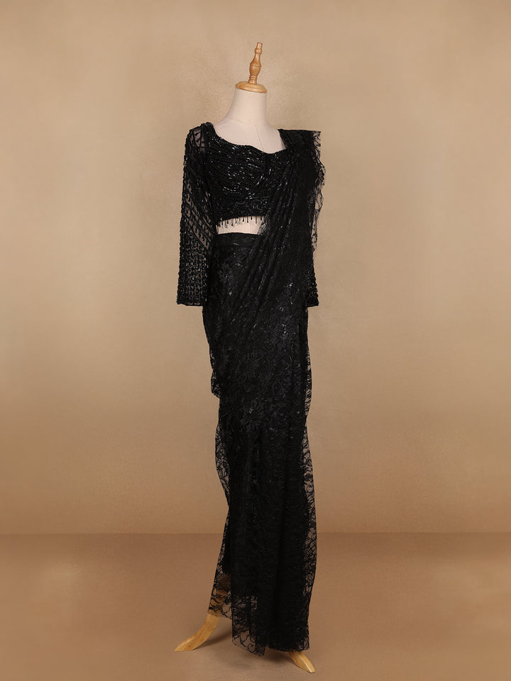 Black Embroidery Lace Ready To Wear Saree with Designer Blouse - Diadem