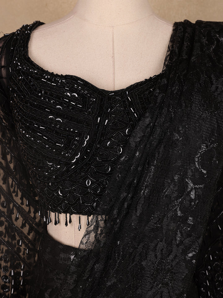 Black Embroidery Lace Ready To Wear Saree with Designer Blouse - Diadem