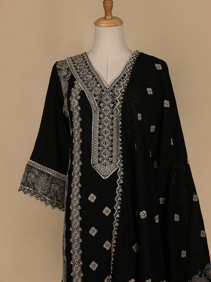Black Floral And Mirror Work Cotton Salwar Suit - Diadem