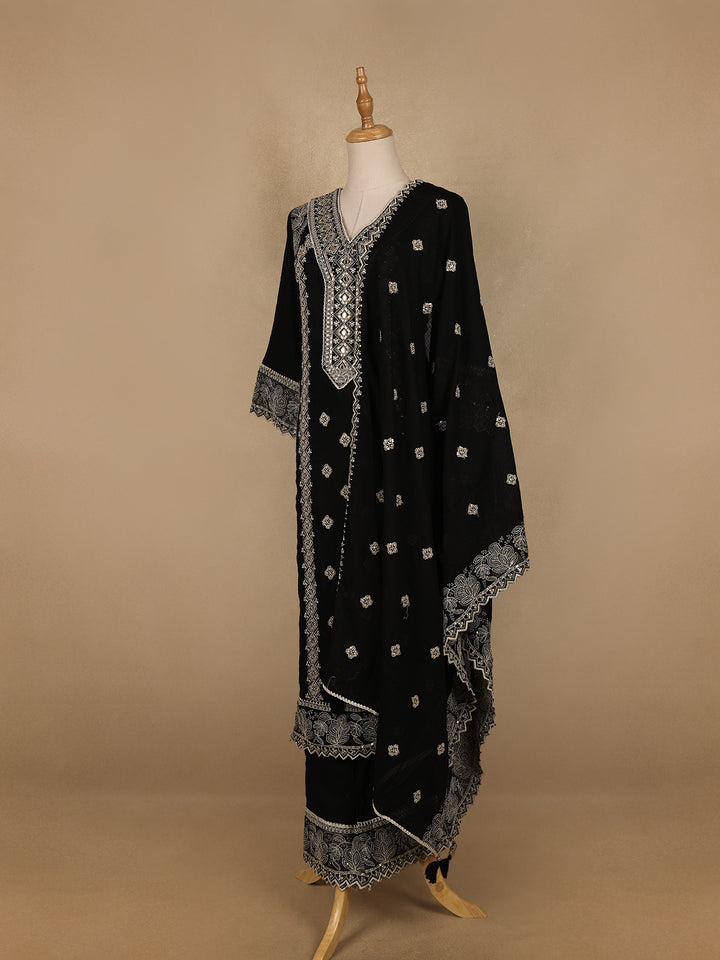 Black Floral And Mirror Work Cotton Salwar Suit - Diadem