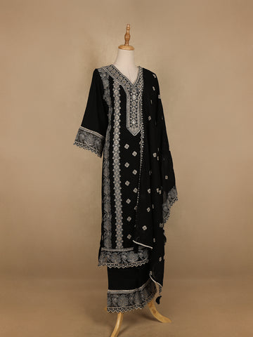 Black Floral And Mirror Work Cotton Salwar Suit - Diadem