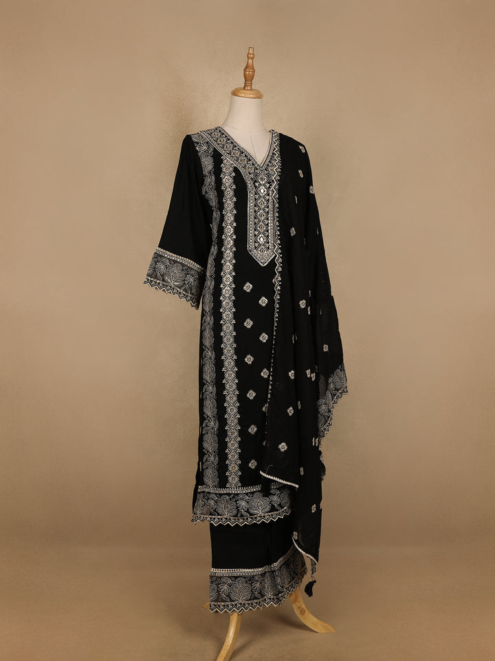Black Floral And Mirror Work Cotton Salwar Suit - Diadem