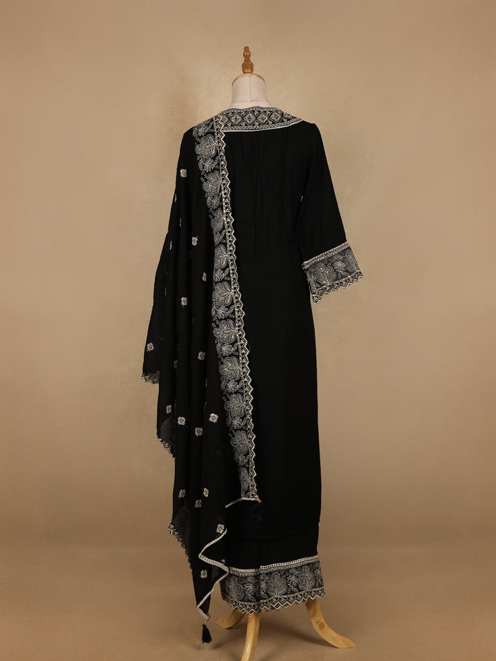 Black Floral And Mirror Work Cotton Salwar Suit - Diadem