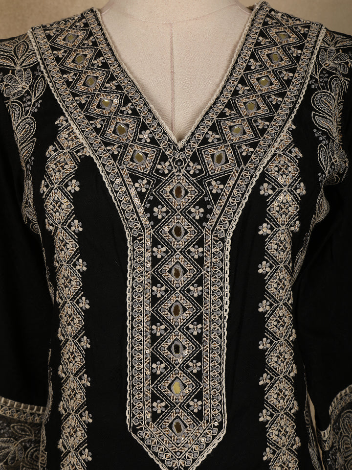 Black Floral And Mirror Work Cotton Salwar Suit - Diadem