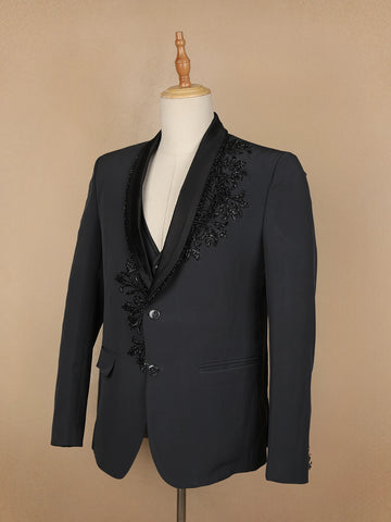 Black Floral Designed Fancy Men's Suit - Diadem