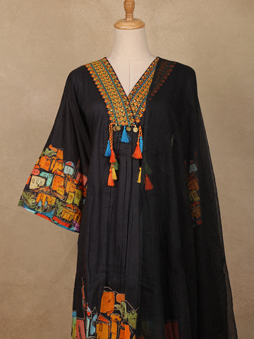 Black Floral Design Print Cotton Salwar Suit - Diadem