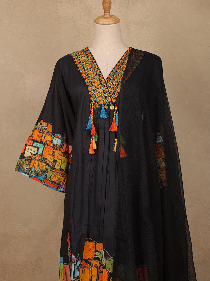 Black Floral Design Print Cotton Salwar Suit - Diadem
