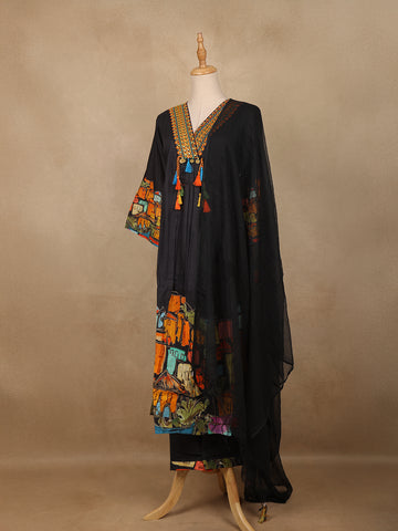 Black Floral Design Print Cotton Salwar Suit - Diadem