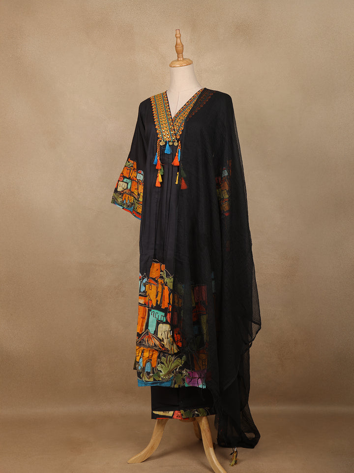 Black Floral Design Print Cotton Salwar Suit - Diadem