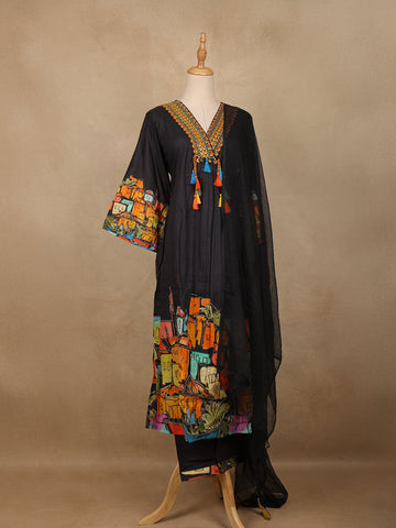 Black Floral Design Print Cotton Salwar Suit - Diadem