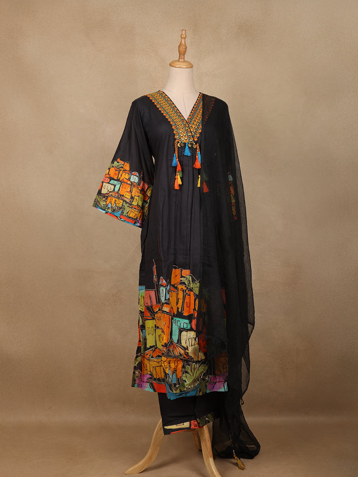 Black Floral Design Print Cotton Salwar Suit - Diadem