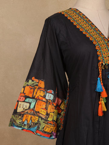 Black Floral Design Print Cotton Salwar Suit - Diadem
