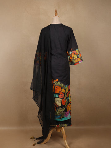 Black Floral Design Print Cotton Salwar Suit - Diadem
