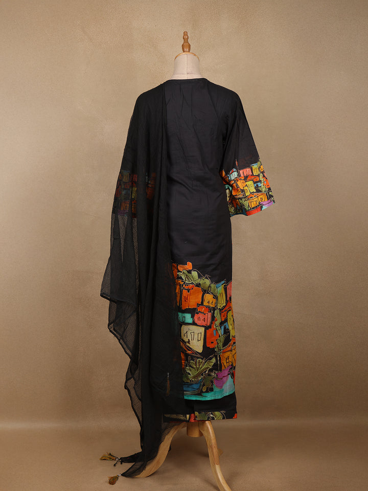 Black Floral Design Print Cotton Salwar Suit - Diadem