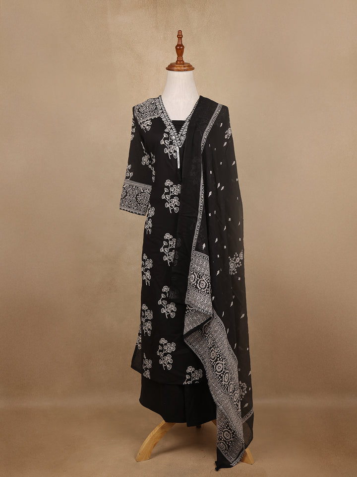 Black Floral Design Printed Cotton Salwar Suit - Diadem
