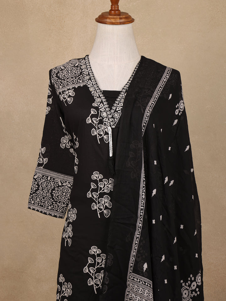 Black Floral Design Printed Cotton Salwar Suit - Diadem