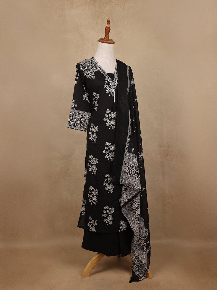 Black Floral Design Printed Cotton Salwar Suit - Diadem
